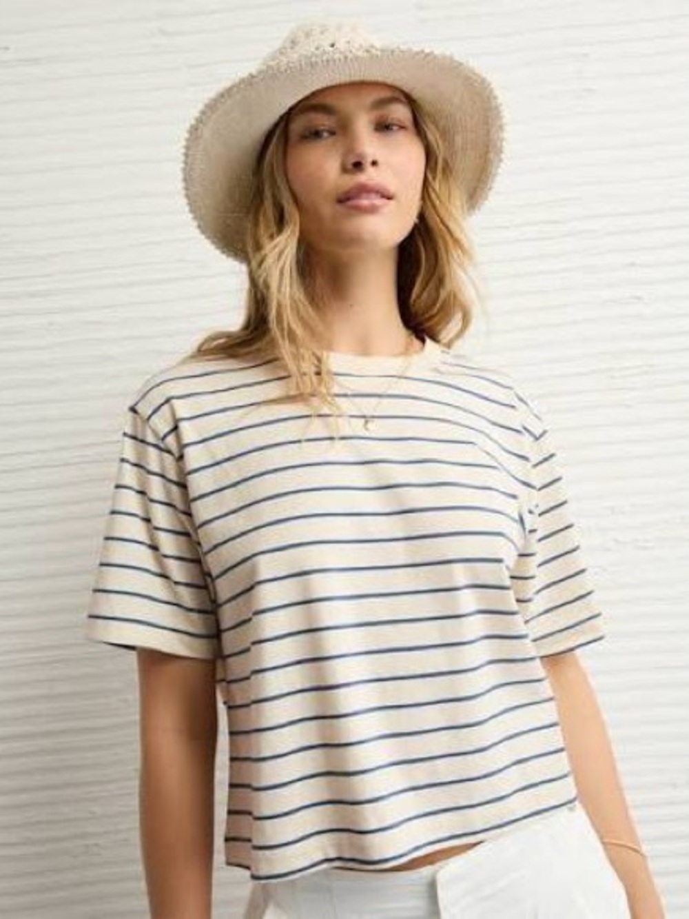 American Eagle Outfitters White Tee with Navy Stripes - Short Sleeve
